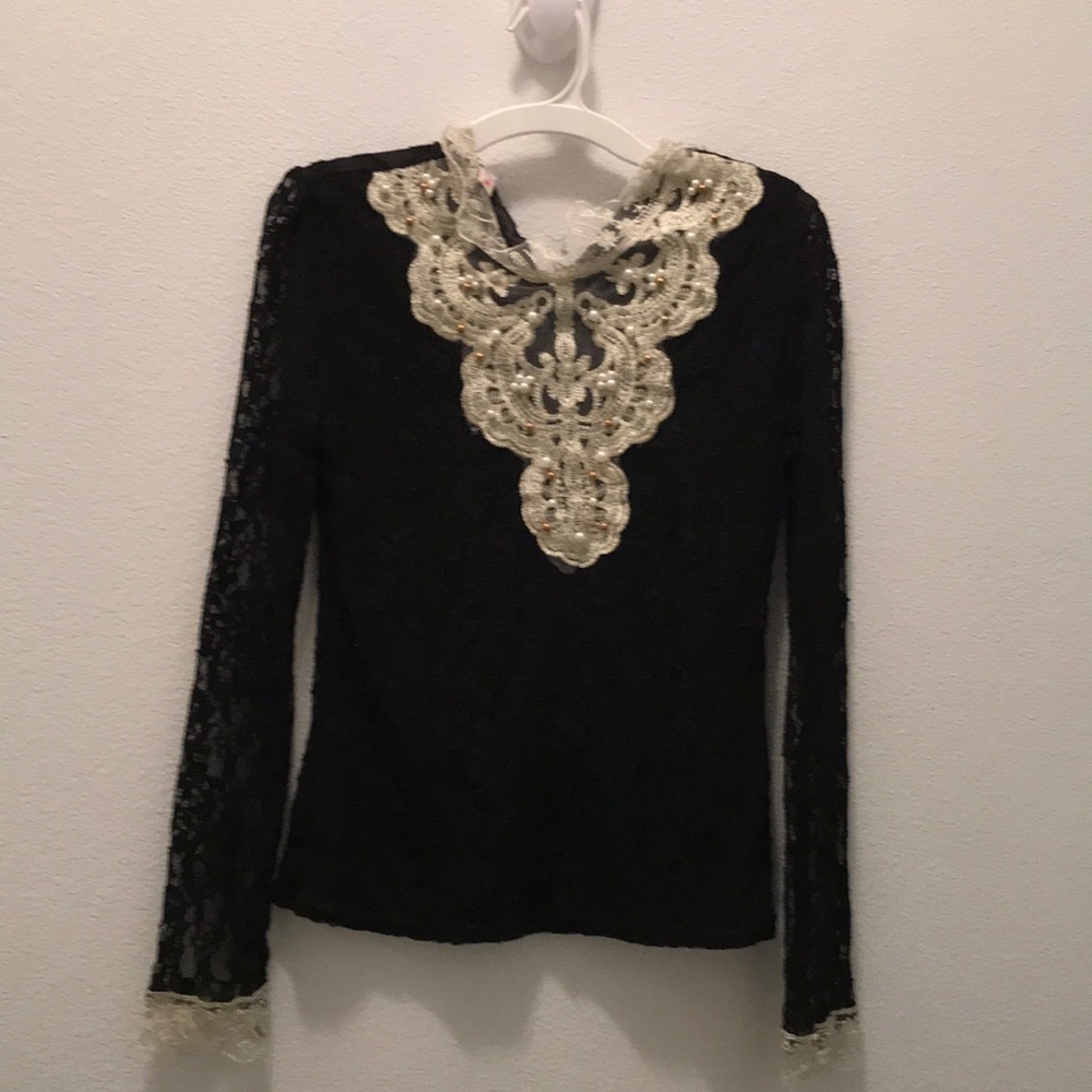 Black & Gold lace long sleeve blouse with beading
